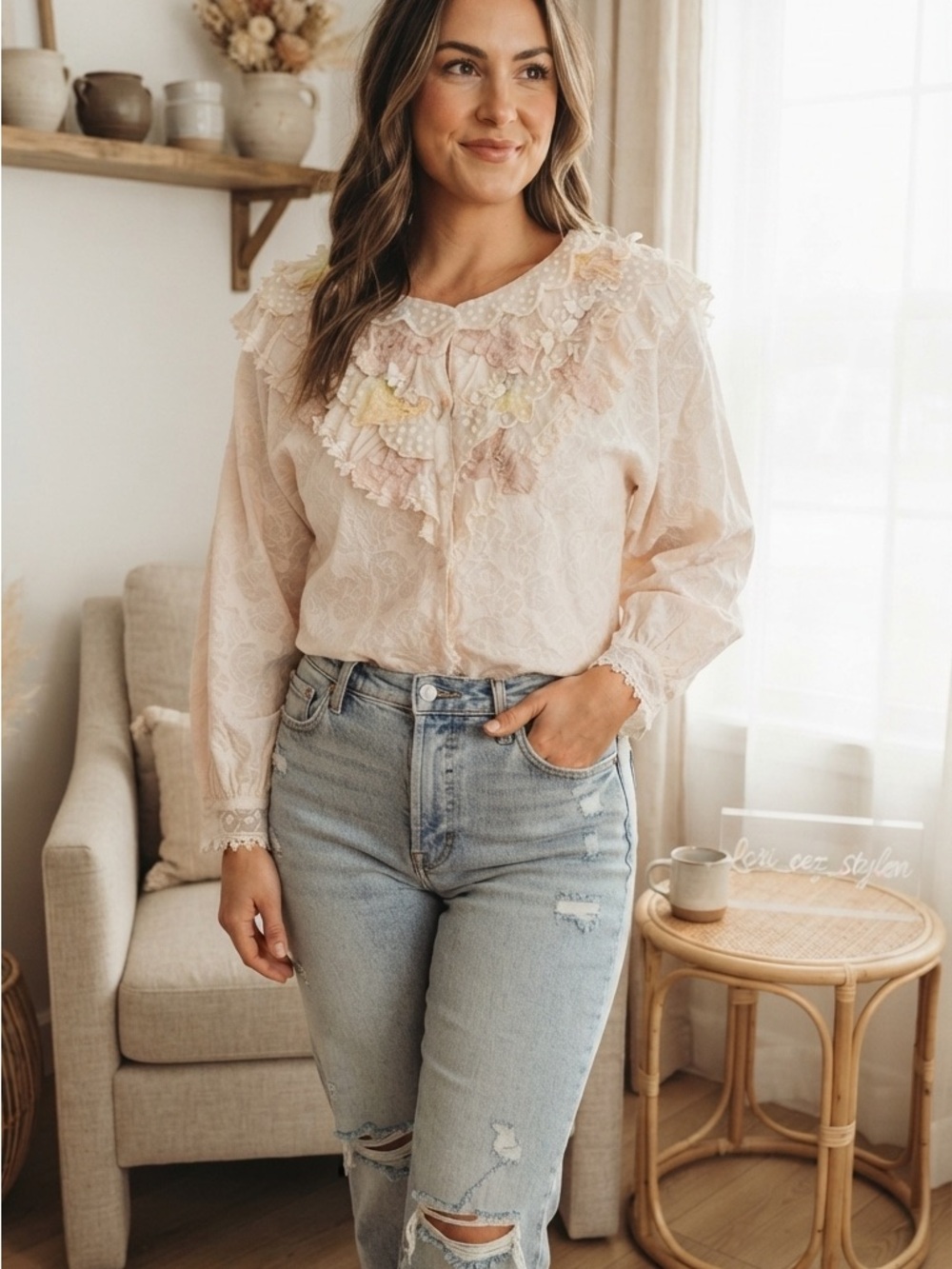 Pastel Lace Ruffle Blouse - Cream - Picture 2 of 12